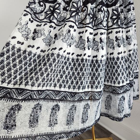 Vintage 90s Black White Paisley Print Tiered Boho Prairie Midi Skirt L - Picture 4 of 9